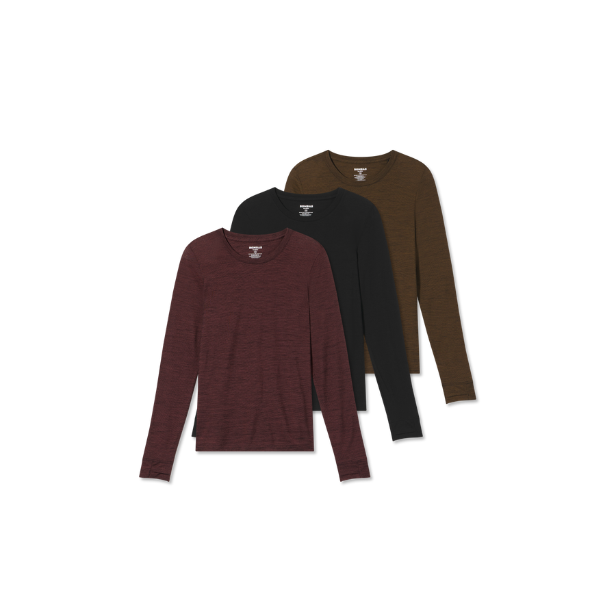 Women's Merino Wool Blend Crew Neck Long Sleeve T-Shirt 3-Pack - Travel Pair
